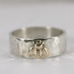 Hammered 925 Sterling Silver Honey Bee Ring | Gold Accent | Personalized Band | Women's Gift