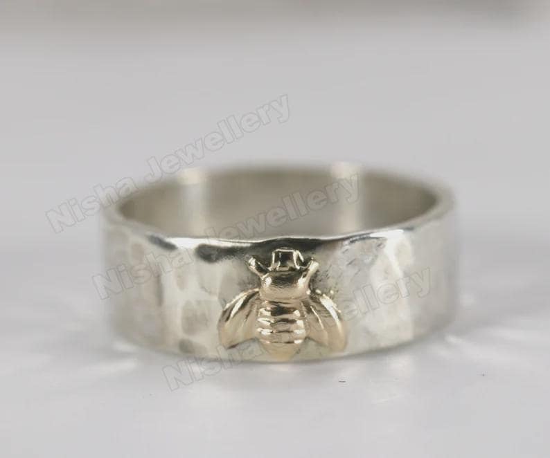 Hammered 925 Sterling Silver Honey Bee Ring | Gold Accent | Personalized Band | Women's Gift
