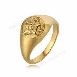 Gold Angel Signet Ring – 925 Sterling Silver Oval Signet Ring, Minimalist Elegant Jewelry Gift for Women