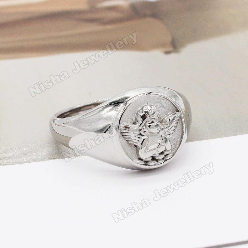 Gold Angel Signet Ring – 925 Sterling Silver Oval Signet Ring, Minimalist Elegant Jewelry Gift for Women