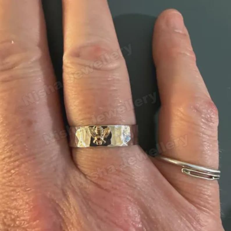 Hammered 925 Sterling Silver Honey Bee Ring | Gold Accent | Personalized Band | Women's Gift