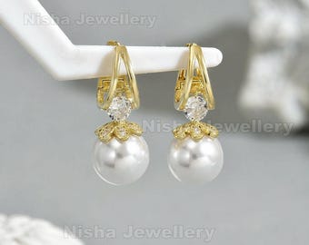 Boucles D'Oreilles Pendantes - Argent Sterling Plaqué Or Avec Perle Et Cristaux - Neuf