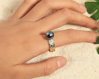 Black Pearl Ring, Gold Floral Band, Sterling Silver, Minimalist Statement Jewelry
