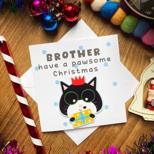 Weihnachtskarte für Bruder-Weihnachtskarte-nette handgemachte Weihnachtskarte mit einer schwarzen Katze-lustige Katze Wortspiel Weihnachtskarte für Ihren Bruder.