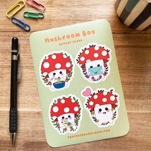 Feuille d'autocollants champignon mignon-autocollants en vinyle mat A6 pour journaliser la planification-autocollants imperméables pour ordinateurs portables-bouteilles d'eau-téléphones-champignon kawaii