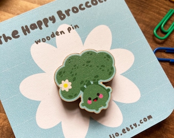 Happy Broccoli Wooden Pin- Cute Pin- Sustainable Wooden Pins and Badges - Food Art