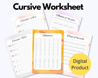 May include: A digital printable worksheet for practicing cursive handwriting. The worksheet includes cursive letters, numbers, days of the week, and months of the year. The worksheet has a colorful background with abstract shapes.