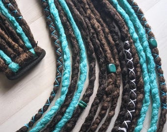 Mint and Brown Dreadlock Ponytail Extensions Boho Hairpiece Set