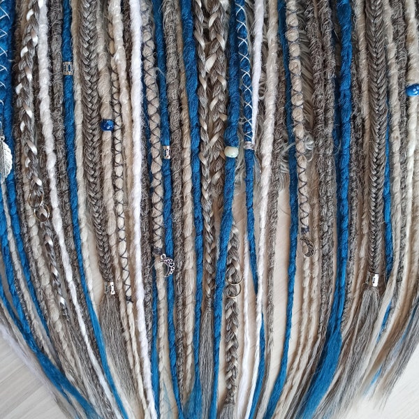 Winter set, Dreadlock extensions White grey blue dreadlock extensions. Synthetic Double Single Ended Viking Fishtail Braids Jewelry