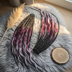 Black Gothic Dread Ponytail – Purple Pink Ombre Faux Locs, Synthetic Hair Wrap for Alternative Style