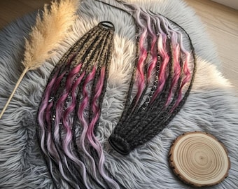 Black Gothic Dread Ponytail – Purple Pink Ombre Faux Locs, Synthetic Hair Wrap for Alternative Style