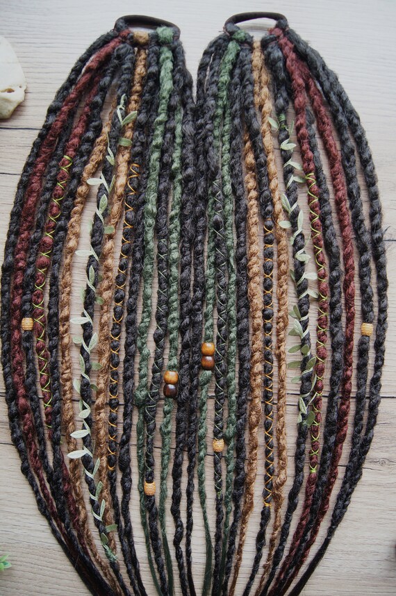 Forest Witch Dreadlock Ponytail: Brown, Green, and Red Boho  display picture 1