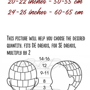May include: A black and white illustration of two heads with dreadlocks, showing how many dreadlocks are needed for different head sizes. The illustration includes measurements in inches and centimeters. The text reads: "This picture will help you choose the desired quantity. Fits DE dreads, for SE dreads, multiply by 2."