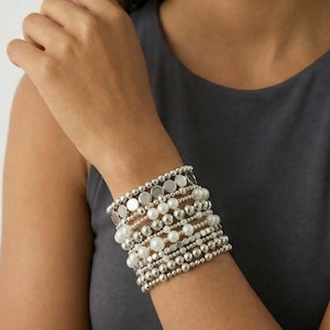 Stackable Beaded Bracelet Set: Gold & Faux Pearl Stretch Bangles