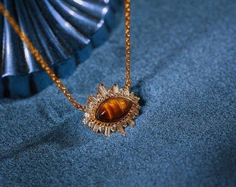 18K ゴールドメッキ タイガーアイ ペンダントネックレス 天然宝石 上品なヒーリングクリスタルネックレス 保護ネックレス ユニークな娘へのギフト