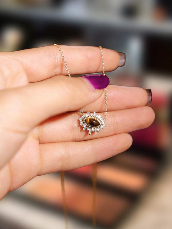 Collier Argent 925 Avec Pendentif Oeil De Tigre Pierre Naturelle - 60cm | Bijou Ésotérique Chic