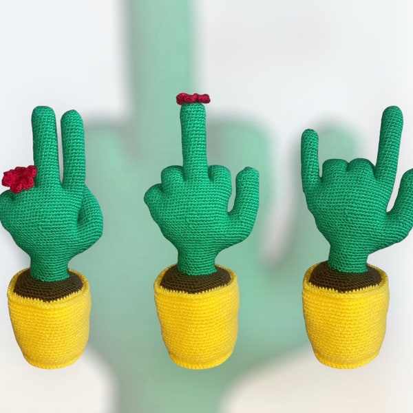 Pot avec motif cactus « doigt du milieu » au crochet / Modèle cactus amigurumi / PDF anglais