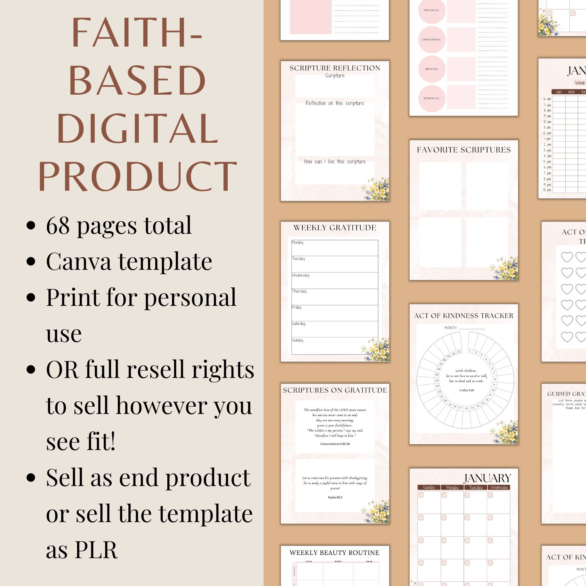 PLR Christian Gratitude Journal Canva Template 68 Pages, Full Master ...