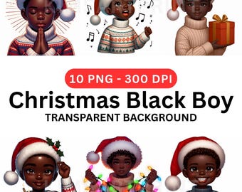 Christmas Black Boy Clipart PNG | African American Holiday Kids Illustrations | Santa Hat Boys | 10 PNG Digital Download