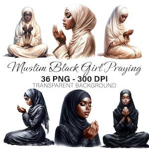 Moslim zwarte meid bidden PNG-clipart, islamitische gebedskunst, hijab meisje aanbidden clipart, vrouw van geloof, Ramadan 300 DPI digitale download