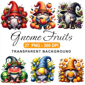 Paquete de imágenes prediseñadas de gnomos de verano, conjunto de 27 PNG, imágenes prediseñadas de gnomos, imágenes prediseñadas de acuarela, gnomos de frutas coloridas, gráficos de sublimación de temporada, gnomos adorables