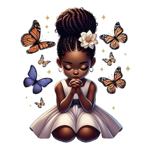 15 Black Girl Praying JPEG, vrouw in gebed zittend met vlinders, bidden clipart voor meisjes, African American Praying Girl bundel