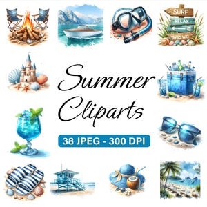 38 Watercolor Beach Clipart Bundle JPEG, Ocean Summer Clipart, Tropical Vacation Art, Travel, Junk Journal, Digital Download, Commercial Use