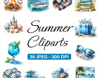 38 Watercolor Beach Clipart Bundle JPEG, Ocean Summer Clipart, Tropical Vacation Art, Travel, Junk Journal, Digital Download, Commercial Use