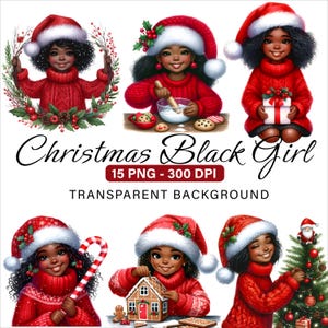 Könnte beinhalten: Digitale Illustrationen von schwarzen Mädchen in roten Pullovern und Weihnachtsmützen, die sich mit Weihnachtsaktivitäten beschäftigen. Das Bild enthält den Text "Christmas Black Girl" und "15 PNG - 300 DPI TRANSPARENT BACKGROUND."