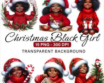 Christmas Black Girl Clipart, Set of 15 PNG, Cozy Holiday Afro Girls Sweater African American Melanin Kids Party Invitation Planner Journal