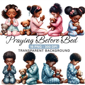 Praying Black Kids Clipart PNG, Set of 16, African American Boy Girl Pray Bedtime Night Prayer 300 DPI Afro Faith Sublimation Graphics Teddy