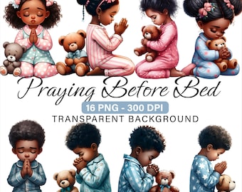Praying Black Kids Clipart PNG, Set of 16, African American Boy Girl Pray Bedtime Night Prayer 300 DPI Afro Faith Sublimation Graphics Teddy
