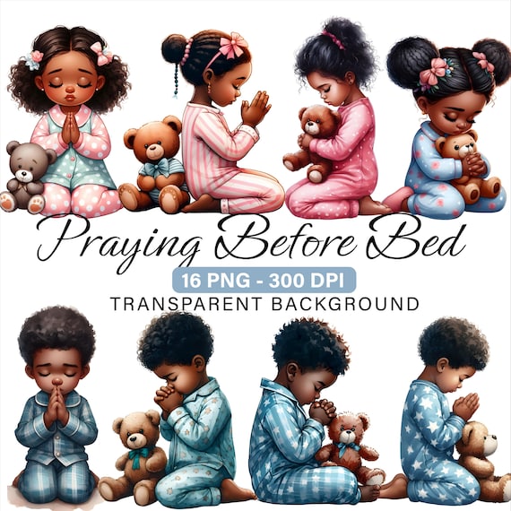 Praying Black Kids Clipart PNG, Set of 16, African American Boy