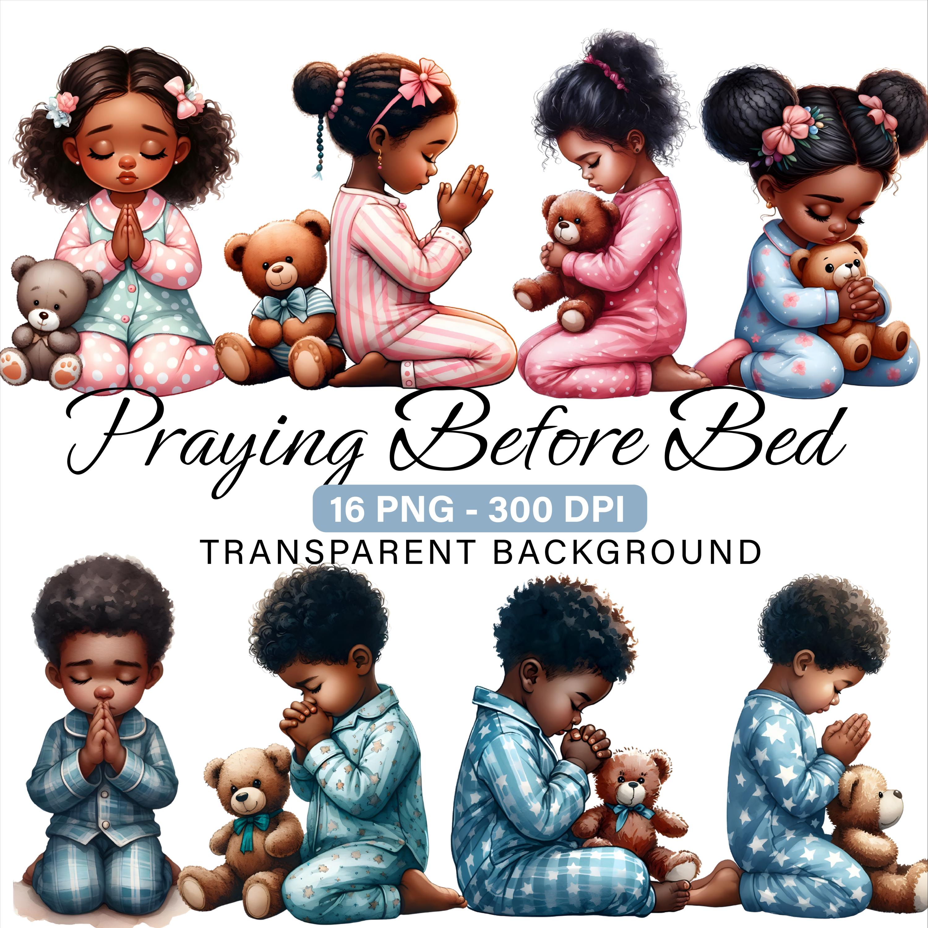 Praying Black Kids Clipart PNG, Set of 16, African American Boy