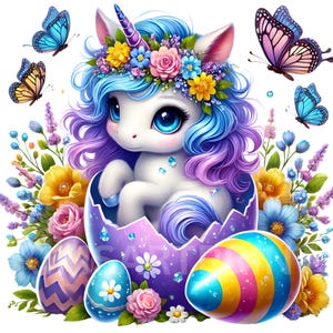 May include: A whimsical illustration of a white unicorn emerging from a purple egg, surrounded by colorful Easter eggs, flowers, and butterflies. The unicorn has blue and purple hair, a floral crown, and large blue eyes. The image has a bright, cheerful aesthetic.
