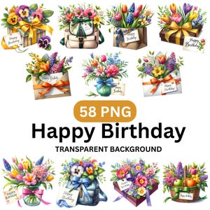 Conjunto de 58 clipart PNG de aniversário, caixas de presente em aquarela e cestas de flores, adesivos digitais florais de feliz aniversário, gráficos de sublimação