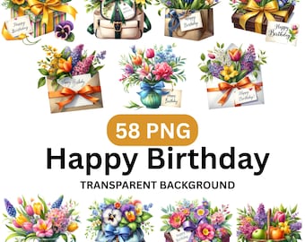 Ensemble de 58 cliparts anniversaire PNG, aquarelles coffrets cadeaux et paniers de fleurs, autocollants numériques floraux joyeux anniversaire, graphiques en sublimation