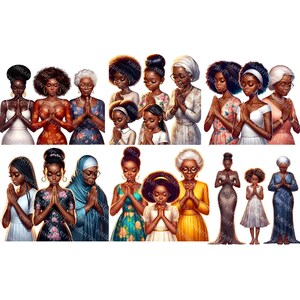 May include: Digital art print featuring a diverse group of women and girls in prayer. The illustrations showcase various skin tones, hairstyles, and attire, with hands clasped in a gesture of devotion. The artwork has a soft, painterly style.