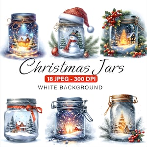 Winter Christmas Mason Jars Clipart, Set of 18 JPEG, Fantasy, Snowy, Magical Snowman, Scrapbooking Junk Journal Crafts, Christmas Tree,