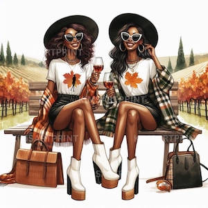 Imágenes prediseñadas de chica negra de otoño, mejor amiga, bodega, conjunto de 10 JPEG, acuarela acogedora, chicas afro de otoño, planificador de diario basura de sublimación, scrapbooking