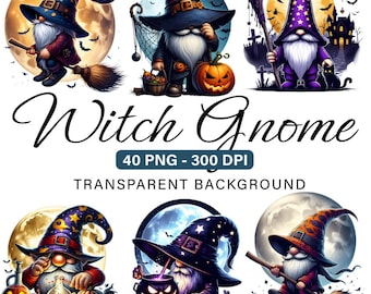 May include: A digital illustration featuring six witch gnomes with pointed hats, brooms, and pumpkins. The gnomes are set against a backdrop of moons and bats, with the text "Witch Gnome" and details about the image's format.
