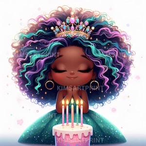 Black Girl Birthday Clipart, Set of 11 JPEG, Melanin Girl, Princess Afro Girl Birthday Cake Party, Cute African American for Scrapbooking