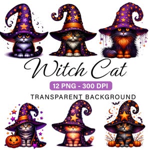 12 Witch Cat Halloween Clipart Bundle PNG, Watercolor Spooky Cat, Magical Cute Cat Clipart, Sublimation, Stickers, Cards, Crafts, Planner
