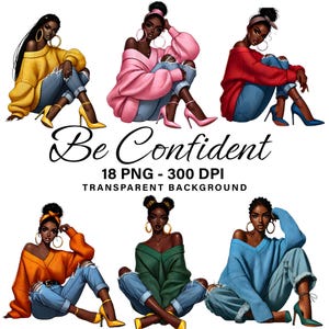 Black Girl PNG, set van 18, mooie melanine zwarte vrouw, zittende afromeisjes, Afro-Amerikaanse mode, voor stickers, planner, clipart