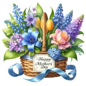 17 Happy Mothers Day Clipart, Watercolor Mothers Day Basket Clipart, Mothers Day PNG, Spring Floral Clipart, Digital Download Commercial Use