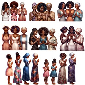 May include: Digital art print featuring multiple groups of women of color in various dresses and gowns, with hands clasped in prayer. The women are of different ages, from young girls to elderly women.