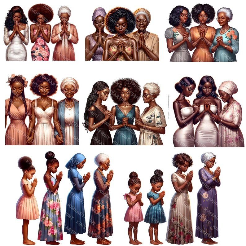 May include: Digital art print featuring multiple groups of women of color in various dresses and gowns, with hands clasped in prayer. The women are of different ages, from young girls to elderly women.