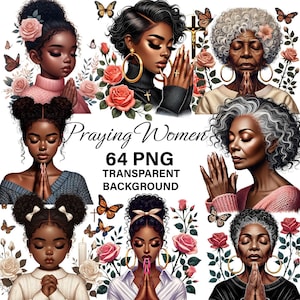 64 Black Girl Praying Clipart PNG, vrouwen van alle leeftijden, vrouw van geloof, biddende zwarte vrouwen, biddende zwarte vrouw, Afro Girl-bundel png, bid