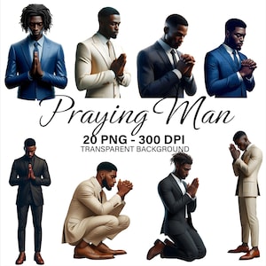 Zwarte biddende mannen clipartbundel, 22 png zwarte man van geloof png, Christusgebed christelijke illustraties zwarte geloof man van God aanbidding bijbelvers