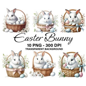 Aquarell Osterhase Clipart, 10er-Set PNG, weißer Frühling Kaninchen, mit Blumen und Eiern, Osterhase, hohe Qualität, kommerzielle Nutzung